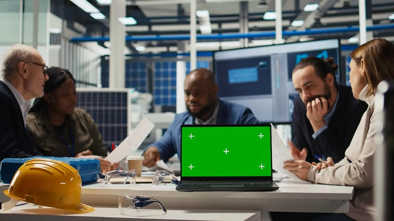 Инженеры завода совершенствуют планировки производства, используя ноутбук с хромакеем.