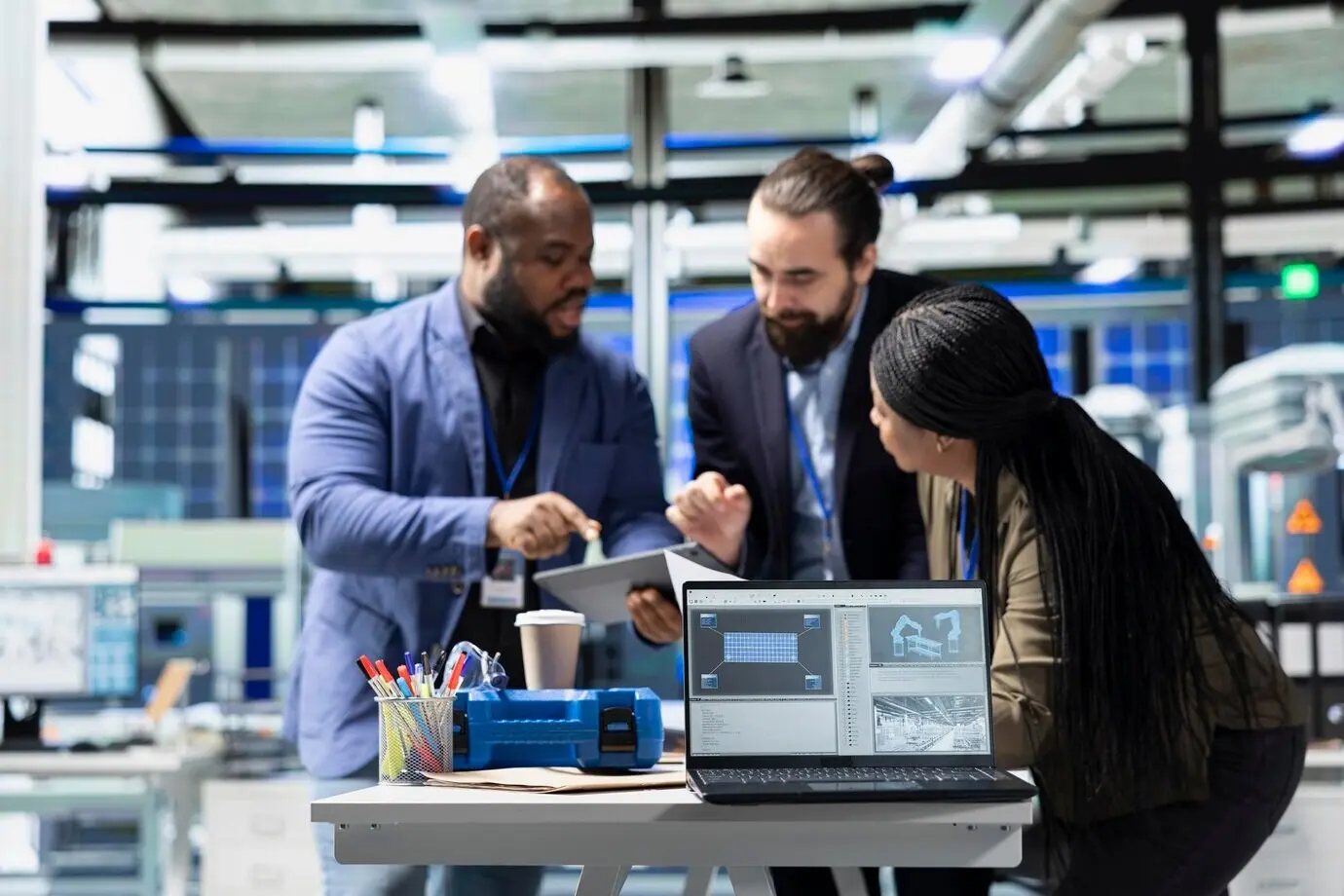 Инженеры-специалисты из разных этнических групп работают совместно на современной производственной линии.